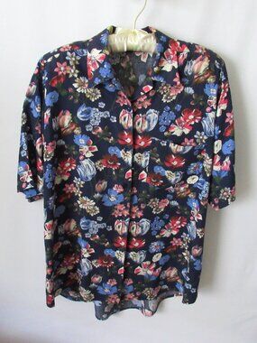 Vtg Hunter's Run navy blue floral button front short sleeve shirt *Sz M*